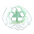 Outline drawing of hands holding a sign of recycling with green watercolor splashes. Recycling and Zero Waste