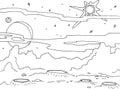 Outline drawing landscape of a planet with craters and rocks. Galaxy stars, big planet and satellite in a background