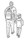 Contour drawing of father with his little son walking for a stroll together