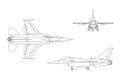 Outline drawing of military aircraft. Top, side, front view Royalty Free Stock Photo