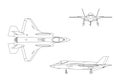 Outline drawing of military aircraft on white background. Top, s