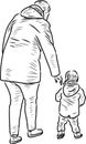 Contour drawing of mother with her baby walking for a stroll