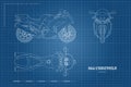 Outline drawing of motorcycle. Side, top and front view. Detailed blueprint of motorbike on blue background Royalty Free Stock Photo