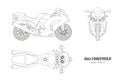 Outline drawing of motorcycle. Side, top and front view. Detailed isolated blueprint of motorbike on white background