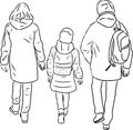 Outline drawing of parents with their daughter walking outdoors Royalty Free Stock Photo