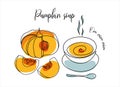 Outline drawing of pumpkin soup. Contour of a pumpkin and a bowl of soup with bright abstract elements