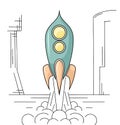 Outline drawing of retro rocket taking off from a spaceport. Space Shuttle. Vector linear drawing