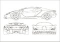 Outline drawing of a super car, view from three sides