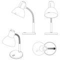 Outline drawing of a table lamp, side, top, front, and in isometric view, isolated vector illustration