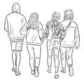Outline drawing of teens friends walking outdoors togrther