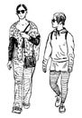Outline drawing of two casual fashionable young city women walking along street Royalty Free Stock Photo