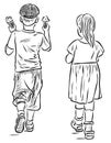 Sketch of two little kids with ice cream walking ourdoors on summer day Royalty Free Stock Photo