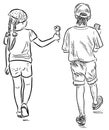 Outline drawing of two little children walking outdoors on summer day Royalty Free Stock Photo