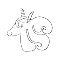 Outline drawing of unicorns. Linear silhouette of fantastic creature, mystical animal.