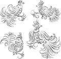 Outline drawing of various decorative fantasy birds