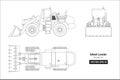 Outline drawing of wheel loader on white background. Top, side and front view. Diesel digger blueprint