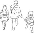 Outline drawing of woman with her little kid walking along street Royalty Free Stock Photo