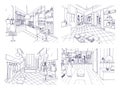 Outline drawings of clothing boutique interior with furnishings, counters, showcases, mannequins dressed in fashionable