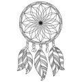 Outline dreamcatcher with five air feathers and beads zen anti stress coloring page