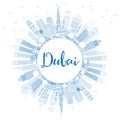 Outline Dubai UAE City Skyline with Blue Buildings and Copy Space.