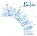 Outline Dubai UAE City Skyline with Blue Buildings and Copy Space.