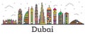 Outline Dubai UAE City Skyline with Color Buildings Isolated on