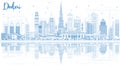 Outline Dubai UAE Skyline with Blue Buildings and Reflections. Royalty Free Stock Photo