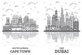 Outline Dubai United Arab Emirates UAE and Cape Town South Africa City Skyline Set Royalty Free Stock Photo