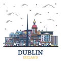 Outline Dublin Ireland City Skyline with Colored Historic Buildings Isolated on White