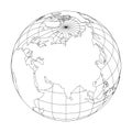 Outline Earth globe with map of World focused on Asia. Vector illustration