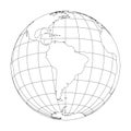 Outline Earth globe with map of World focused on South America. Vector illustration