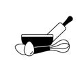 Outline emblem of kitchen utensils for making bakery products, pie, cake or pastries. Bowl, rolling pin, whisk, chicken eggs.