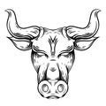 Outline engraving illustration of a bull head with hatching. The symbol of the new year 2021. Contour buffalo with horns. Vector Royalty Free Stock Photo