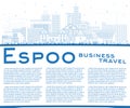 Outline Espoo Finland city skyline with blue buildings and copy space. Espoo cityscape with landmarks. Business travel, tourism