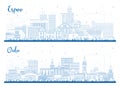 Outline Espoo and Oulu Finland city skyline set with blue buildings. Cityscape with landmarks. Business travel and tourism concept