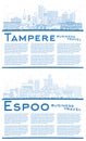 Outline Espoo and Tampere Finland city skyline set with blue buildings and copy space. Cityscape with landmarks