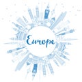 Outline Europe skyline silhouette with blue landmarks and copy s