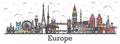 Outline Famous Landmarks in Europe. Business Travel and Tourism Concept with Color Buildings