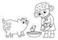 Outline farmer girl feeding animals. Vector black and white cattle breeder icon. Cute kid doing agricultural work. Child with cute