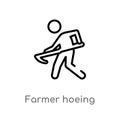 outline farmer hoeing vector icon. isolated black simple line element illustration from farming concept. editable vector stroke