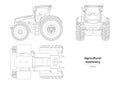 Outline farmer tractor drawing. Isolated agricultural machine. Top, side and front views of farmer vehicle. Blueprint