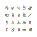 Outline fast food vector icons with flat color elements