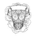 Outline festive sugar skull illustration with doodle patterns, roses and ribbon. The day of the Dead. Los Muertos.