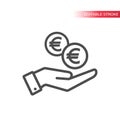 Outline flat icon of euro coins falling in hand. Hand and coins dropping web. Euro coin and a palm.