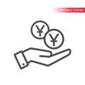 Outline flat icon of yuan coins falling in hand. Hand and coins web pictograph. Chinese yuan coin and a palm.