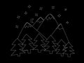 Outline of forest and mountains on black background. Night sky with stars and moon. Royalty Free Stock Photo