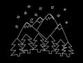 Outline of forest and mountains on black background. Night sky with stars and moon. Royalty Free Stock Photo