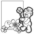 Outline frame with shamrock contour and teddy bear. Raster clip art.