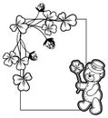 Outline frame with shamrock contour and teddy bear. Raster clip
