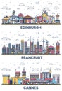 Outline Frankfurt Germany, Cannes France and Edinburgh Scotland City Skyline set with Colored Modern and Historic Buildings